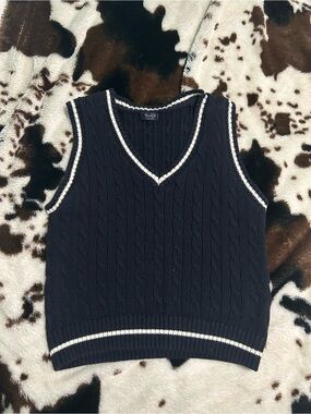 Navy Cable Knit V-Neck Sweater Vest with White Trim